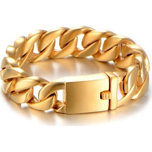 New Titanium Steel Cuban Chain Bracelet For Men Hip Hop Punk Fashion Gold Color Width 18mm Figaro Chain Bracelets Rock Jewelry