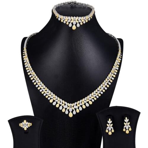 GODKI New 4PCS Super Luxury Waterdrop Charms Tassel Drop Jewelry Set For Women Wedding Cubic Zircon Dress Necklace Earring Set