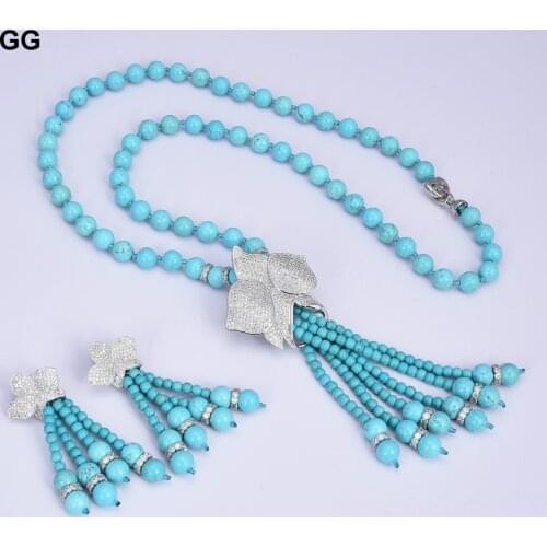GuaiGuai Jewelry 25" Blue Turquoises Stone CZ Pave Flower Tassel Pendant Necklace Earrings Sets For Women