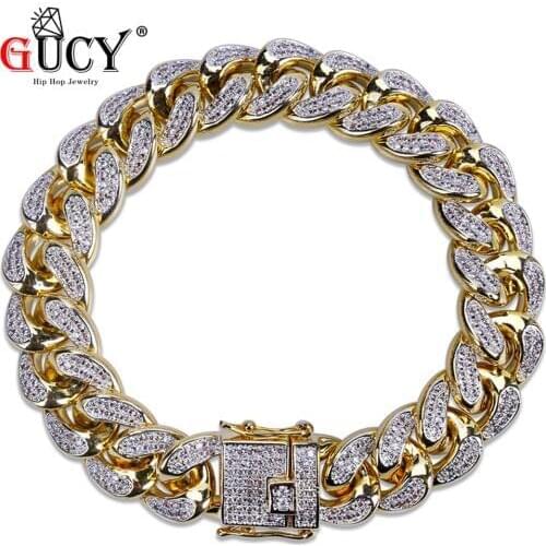 GUCY Hip Hop Cuban Chain Bracelet Micro Pave CZ Stones Gold/Silver Color Plated Bling Iced Out Charm Jewelry For Men.Gift