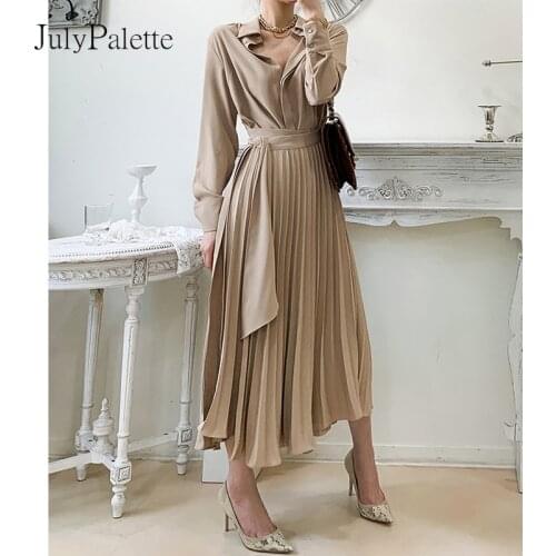 JulyPalette Fashion Suit Collar Spring Women Dress Long Sleeve Office Lady Lace up Pleated Long Dress Slim A-line Female Vestido