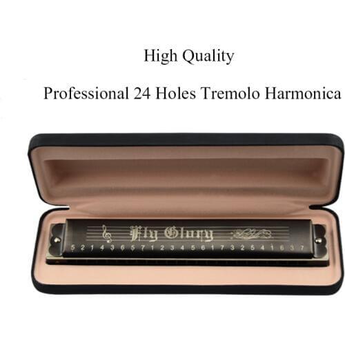 Quality 24 Hole Tremolo Harmonica polyphonic Mouth Organ Black Wind Musical Instrument C,D,E,F,G,A,B,#C,#D,#F,#G,#A