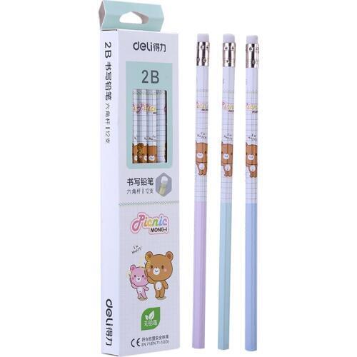 12pcs / box Deli 58132, cartoon cute, advanced log graphite 2B rubber pencil, non-toxic pencil, student office stationery