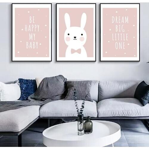 Nordic Modern Small Fresh Cartoon Animal Canvas Painting BE HAPPY MY BABY DREAM BIG LITTLE ONE Childrens Room Decor Pictures