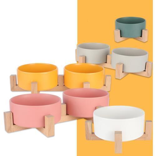 Ceramic Pet Bowl Canister Food Water & Treats for Dogs Cats More Comfortable Eating for Pet Dog Double Bowl Pet Feeder