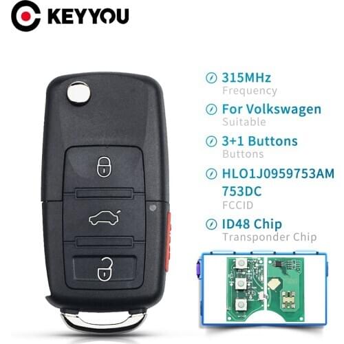 KEYYOU HLO1J0959753AM 753DC 3+1 4 Buttons Flip Car Remote Key For VW Volkswagen Passat Jetta 2002-2005 Fob ID48 Chip 315Mhz