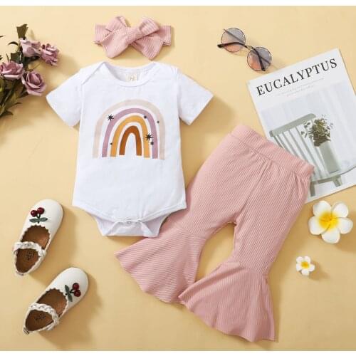 Summer 2pcs Fashion Suits For Baby Girls Rainbow Print O-Neck Short Sleeve Romper+ Ribbed Flared Trousers+ Headband Infant Set
