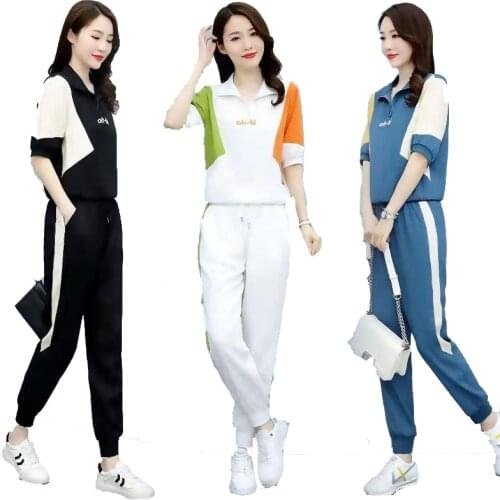 Summer Womens Tracksuit Two Pieces Sets Big Size Casual Fitness Sport Suit Short Sleeve T Shirt+Trousers Loose Sportswear Suits