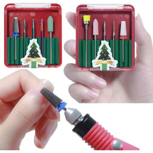 Nail Carbide 5 In 1 Bit 2 Way Rotate Use Nail Drill Bits Fast Remove Acrylic or Hard Gel 3/32" Shank Drill Machine Christmas Set