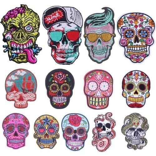DIY Punk Rock Skull Patches Strope Embroidered Iron On Patches For Clothing Biker Style Rose Flower Sticker On Clothes Applique