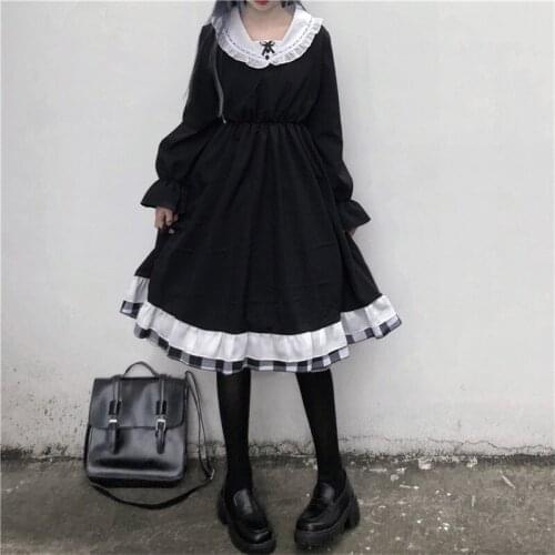 OLOMLB Japanese College Style Dress Sweet Lace Bow Sailor Collar Kawaii Ruffles Full Sleeve Dress Mori Girl Black Vintage Dress
