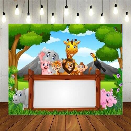Photo Studio Props Vinyl Photography Backdrop Cartoon Animals With A Blank Sign Wood Kids Birthday Decoration Customizable Text
