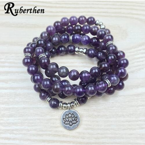 Ruberthen 2018 Luxurious Design Purple Natural Stone 108 Mala Lotus Bracelet or Necklace Reiki Charged Buddhist Rosary Bracelet