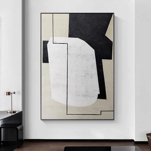 Hand Painted Abstract Oil Painting Wall Art Contemporary Black and White Geometric Modern On Canvas Decorative For Living Room