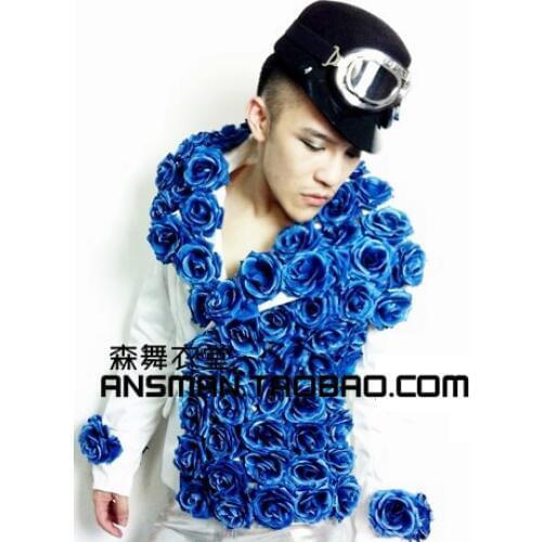 S-5xl ! 2020 Mens New Dj Nightclub Singer Blue Rose Charm Side Button Slim Suit Jacket Costumes Formal Dress