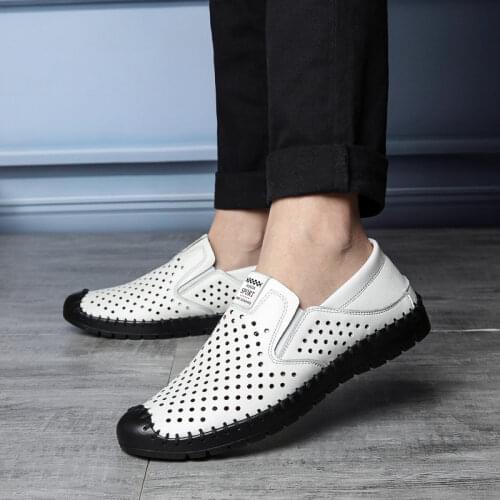 Summer new leather casual sandals mens British hollow breathable mens leather shoes soft bottom summer white mens shoes