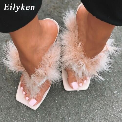 Eilyken Summer Slippers Women Furry Slides Fashion Square Toe Transparent Perspex Heels Rhinestone Sandals Female Flip Flop Shoe