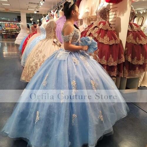 Light Blue Quinceanera Dresses Lace Applique Off the Shoulder Sweet 16 Prom Gowns vestidos de quinceañera 2021