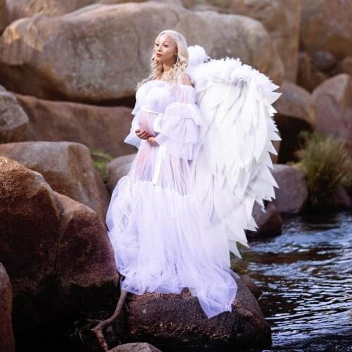 See Thru Tulle A Line Maternity Dress Photography Pretty Ruffles Sleeves Maternity Women Gowns Off The Shoulder Baby Shower Dres