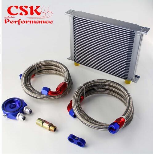 30 Row 248mm AN10 Universal Engine Transmission Oil Cooler British Type + Aluminum Filter Hose End Kit Silver/Blue