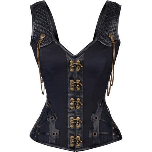 High Quality 12 Steel Bone Rivet Chain Gothic Steampunk Corset Womans Vest Top Waist Control Leather Sexy Corsets and Bustiers