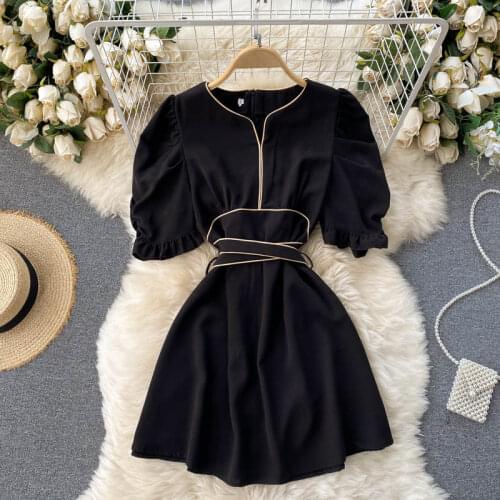 Womens Spring Summer Runway Fashion Contrast Color Belt Black Short Dress Female chicTravel Beach Party Dress TB1885