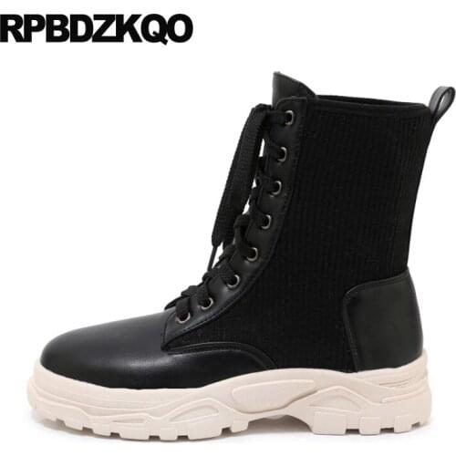 13 45 Military Combat Knit Big Size White Platform Boots 12 44 Muffin Women Lace Up Ankle Shoes Trend Black Flatform Harajuku
