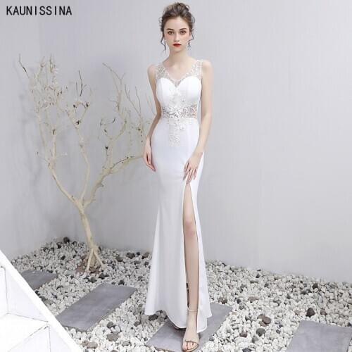 KAUNISSINA Women Party Dress Long Sexy Split Mermaid Evening Dresses Ladies Appliques Sleevess V-Neck Nightclub Formal Prom Gown