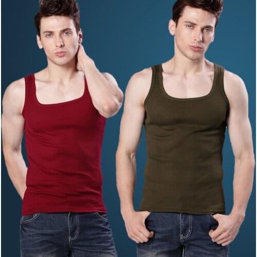 Mens Vest Summer Mens Cotton Vest I-Shaped Vest Mens Hurdle Exercise Sleeveless Thick Thread Square Collar Vest