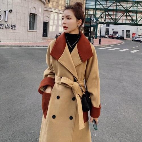 Winter New Fashion Artificial Wool Coat 2021 Womens Woolen Coat Korean Long Loose Thick Stitching Khaki Lapel Double-Breasted