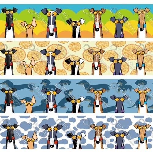 1-1/2" Cute Greyhound Printed Custom Dog Design Cartoon for DIY Crafts Hair Bow Collar Lanyard/Satin /3" Grosgrain Ribbon CA332