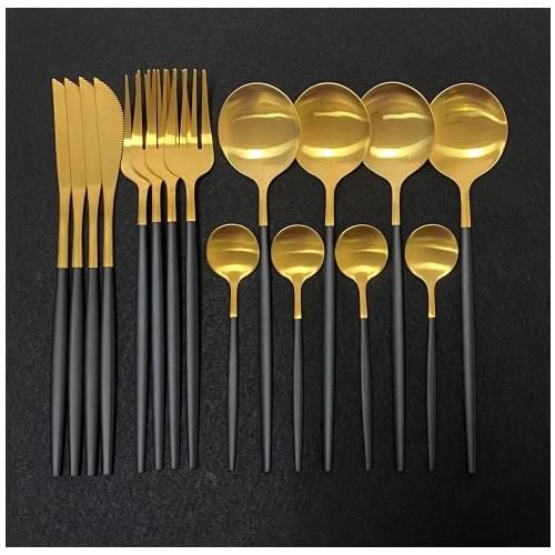 16Pcs Black Gold Matte Cutlery Set Stainless Steel Dinnerware Set Knife Fork Spoon Silverware Kitchen Party Dinner Tableware Set