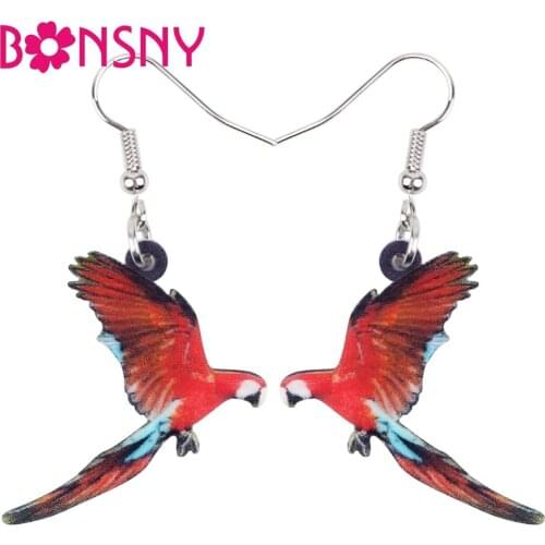 Bonsny Acrylic Red-and-green Macaw Parrot Bird Earrings Big Long Dangle Drop Tropic Animal Jewelry For Women Girls Summer Charms