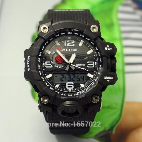 Alike brand man G style dual time waterproof sports wristwatches women fashion dress digital running stop watches with green led