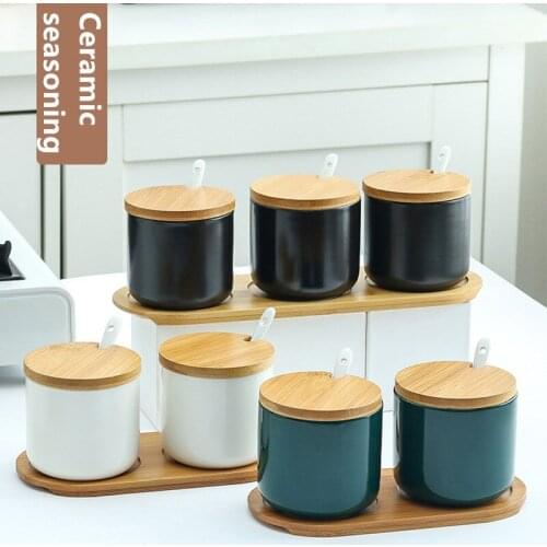 Household Ceramic Seasoning Jar With Wood Cover Kitchen Supplies Seasoning Box Seasoning Can Salt Shaker Condiment Box