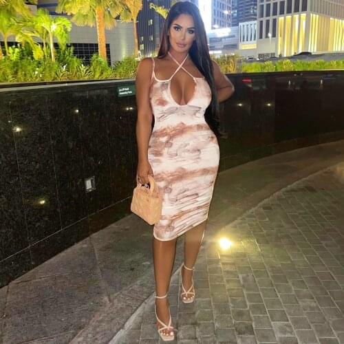 Women Hollow Bodycon Fit Slip Party Club Dress Adults Sexy Sleeveless Tie Up Printed Spaghetti Strap V-Neck Halter Dress