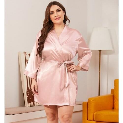 Ice Silk Women Robe Sleep Suit Female Big Size Long Sleeve Night Gown V-Neck Sleepwear Home Nightwear Spring Nightdress Pajamas