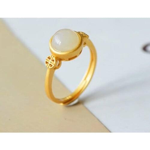 Natural Hetian Jade White Jade Ring S925 Sterling Silver White Jade Auspicious Fu Character Ring Palace Style Retro Personalized