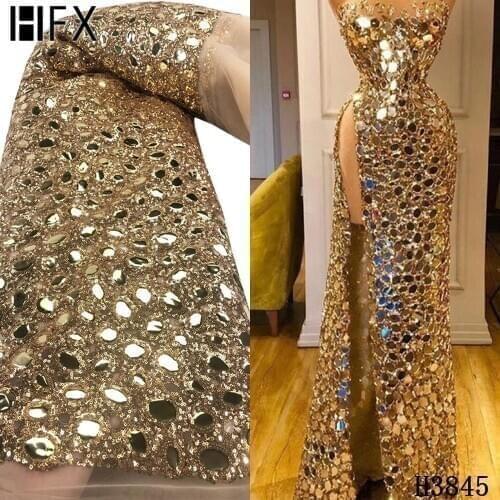 HFX African big sequins Lace Fabric 2020 gold High Quality Lace French Embroidery Tulle Fabrics For Nigerian Party dress H3845