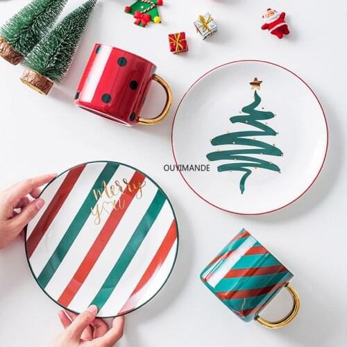 Ceramic Dinner Dish Steak Plate Set Coffee Mug Porcelain Cake Pastry Fruit Dessert Plate Rice Noodle Bowl Christmas Tableware