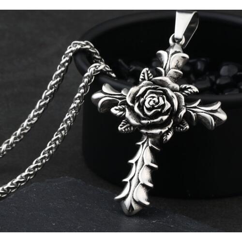 Fashion Flower Pattern Stainless Steel Necklaces Link Chain Collier for Men Women Silver Color Cross Pendant Party Jewelry MN115