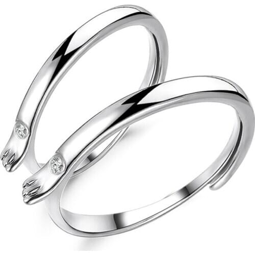 QiLuxy New Couple Opening Rings Silver Color Zircon Statement Wedding Rings for Women Men Loves Rings Jewelry Gifts