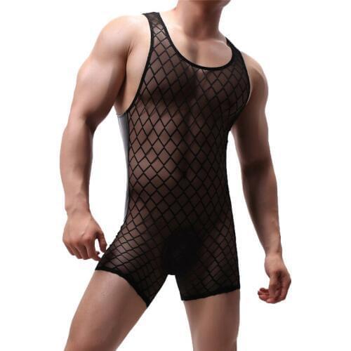 Sexy Gay Jumpsuit Mesh Fishnet Transparent Body Stocking PU Leather Bodysuits Wrestling Singlet Undershirts Shorts Sex Underwear