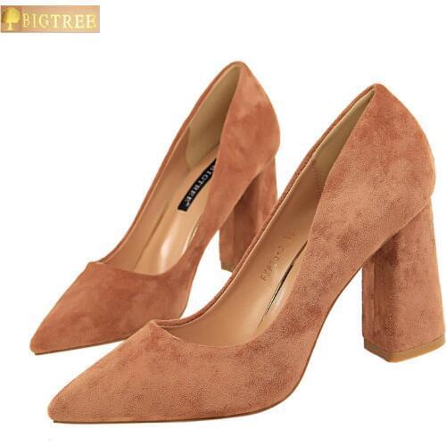 Square Heel Fashion Women Pumps 2018 New Concise Solid Flock Shallow Pointed Toe Womens Office Shoes Show Thin High Heels Shoes