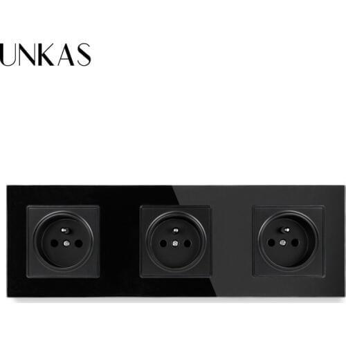 UNKAS Crystal Glass Panel French Standard Wall Socket 258*86mm Power Socket Plug Grounded 16A Black Electrical Triple Outlet