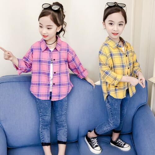 Vintage Plaid Girls Shirts Clothing Spring Autumn Casual Children Blouses Single Breasted Long Sleeve Kids Tops Shirts 4-13T