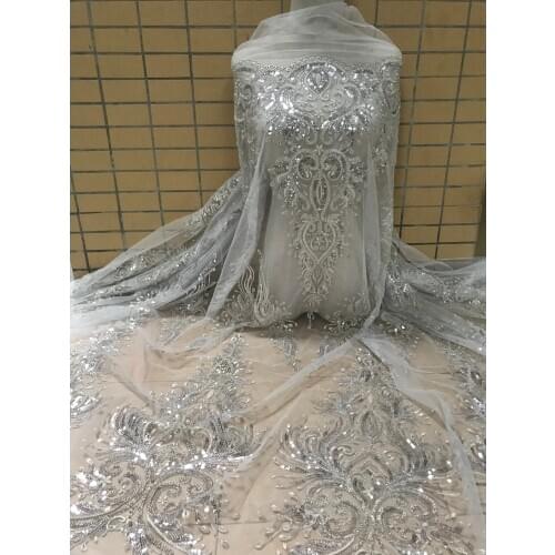 Top quality handmade embroidered net lace fabric with beads SYJ-32686 african tulle lace