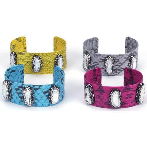 Natural Irregular Long Freshwater Pearl Bead Charm Rhinestone Yellow Hot Pink Grey Blue Real Leather Big Wide Open Bangle Cuff