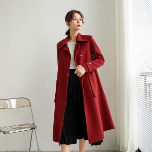 2020 Winter Loose Double Sided Woolen Overcoat Womens Long Red Navy Collar Single Breasted Plus Size Black 100% Wool Coat