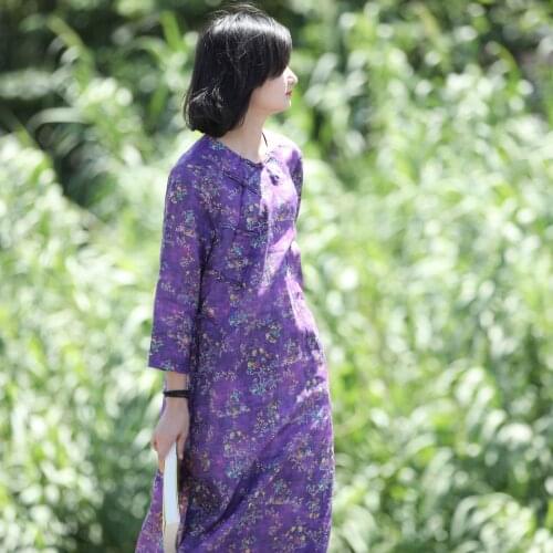 Women V Collar Cheongsam Dresses Adjusted Ladies Vintage Ramie Dress Female Ramie Print Qipao Dress 2018 Autumn